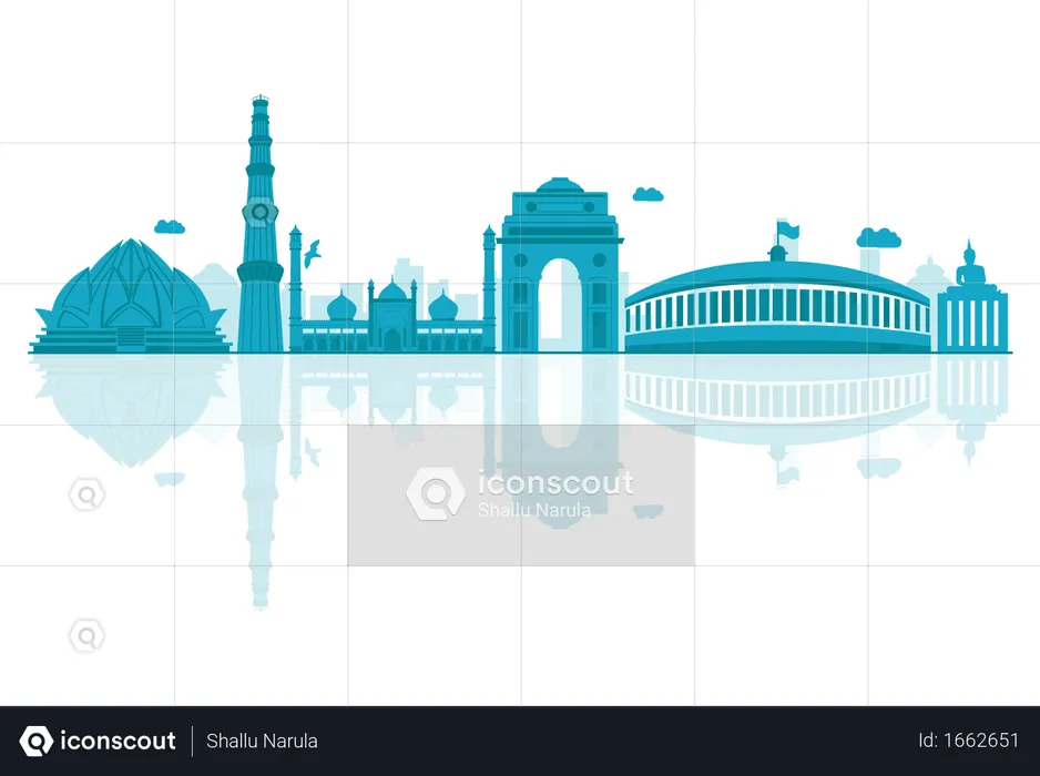Skyline-Silhouette von Delhi mit Reflexionen  Illustration