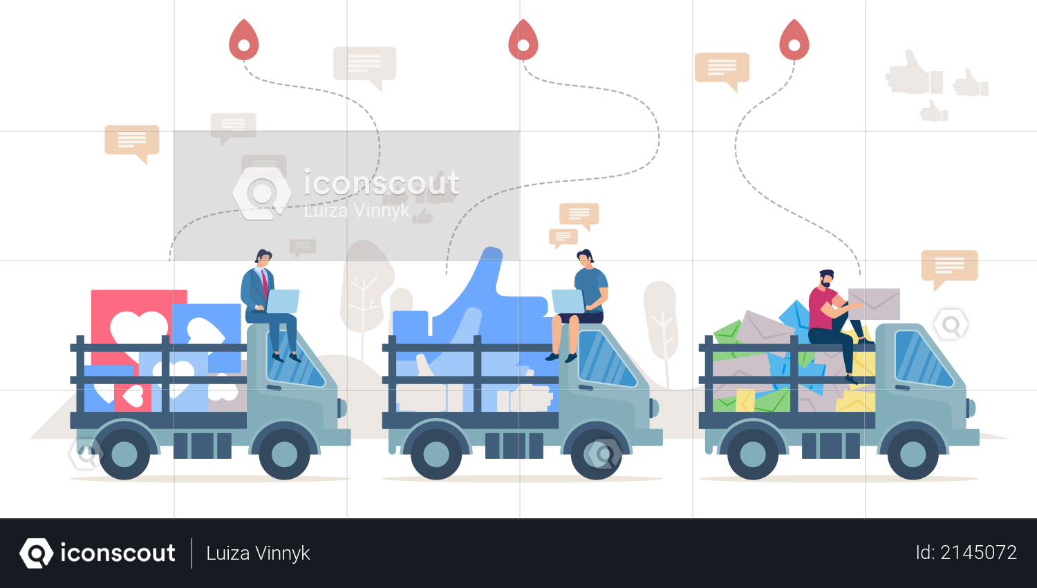 Delivering social network positive reactions, successful marketing, ad campaign Illustration