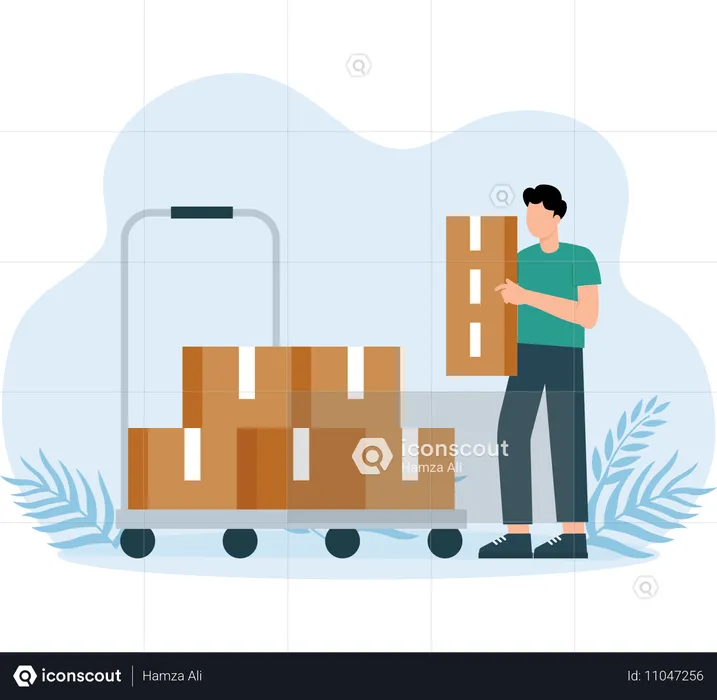 Delivery boy arranging parcel in trolley  Illustration