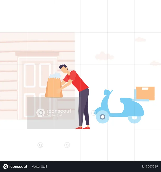 Delivery boy kept the parcel outdoor the home  Illustration
