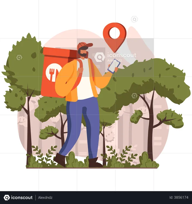 Delivery boy looking for food delivery location  Illustration