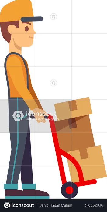 Delivery boy pushing trolley  Illustration