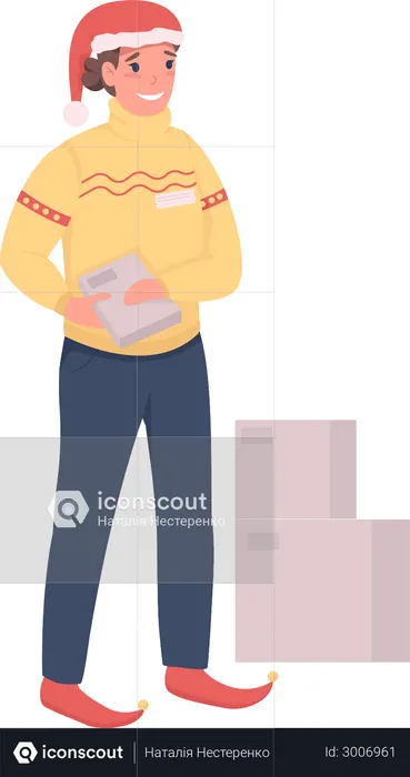 Delivery girl in Santa Claus hat doing Christmas delivery  Illustration