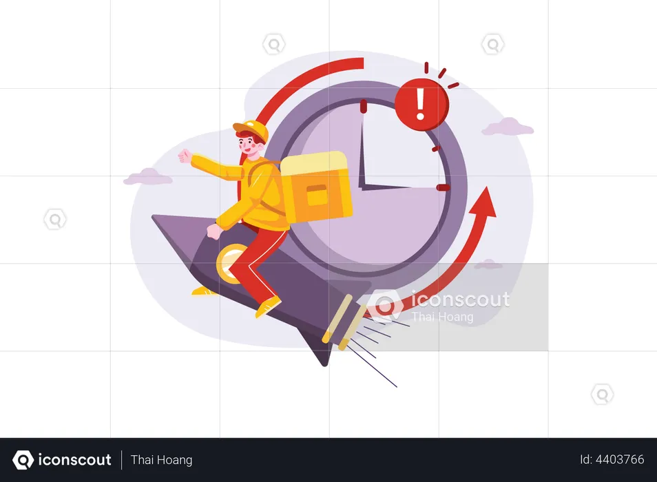 Delivery guy flies on a rocket for urgent delivery  Illustration