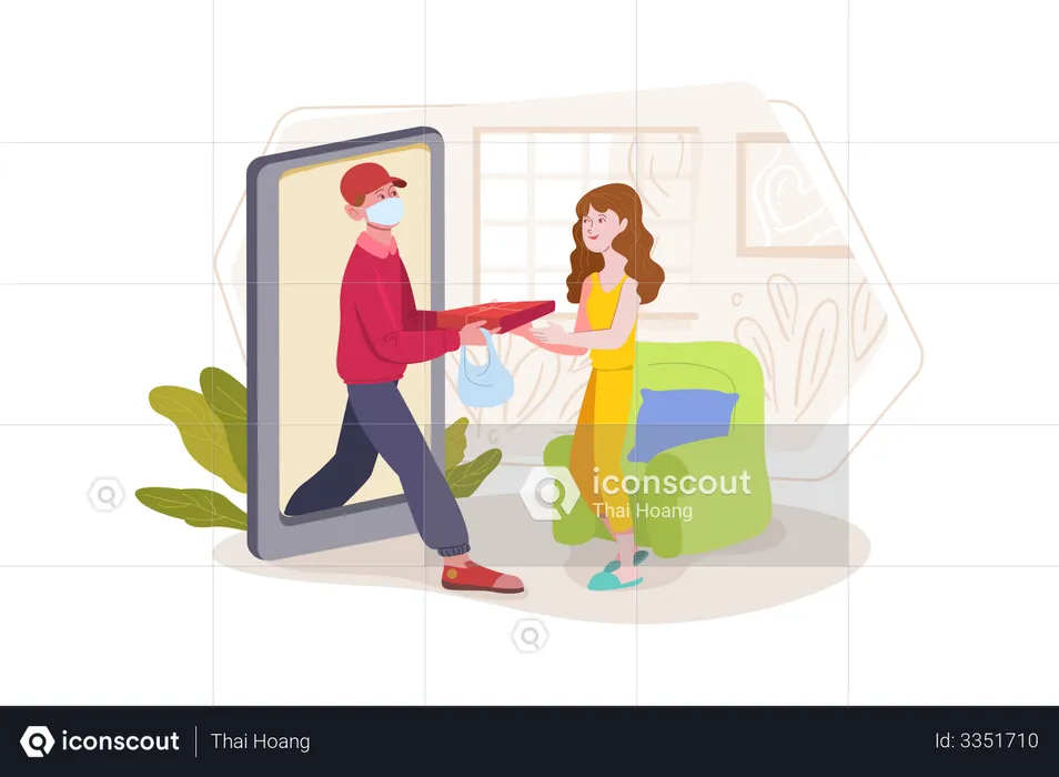 Delivery Guy handing a pizza box to woman  Illustration