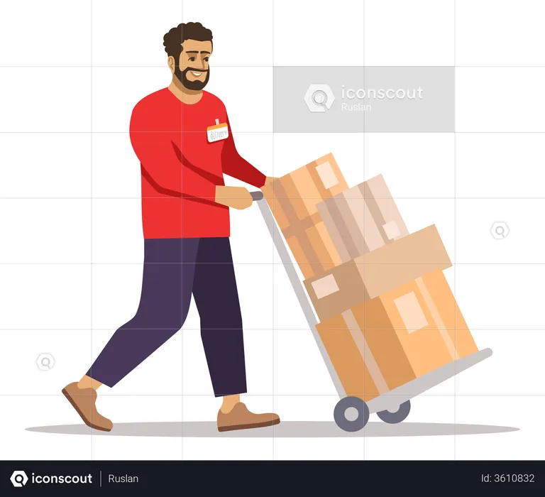 Delivery Guy Moving Parcel Using Trolley  Illustration