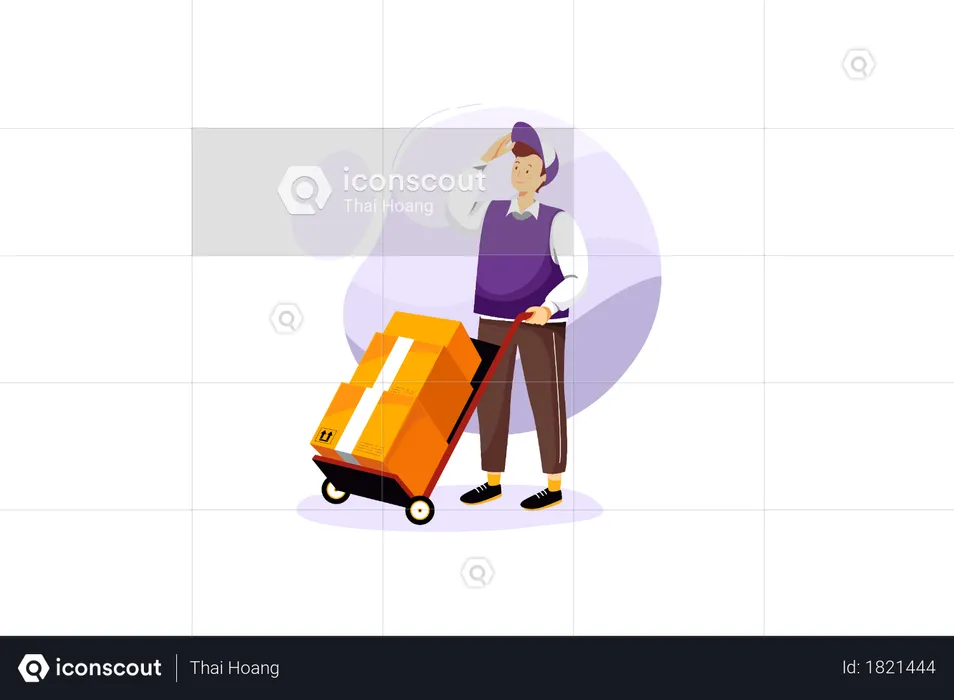 Delivery man deliver multi and heavy packages on the delivery cart  Illustration