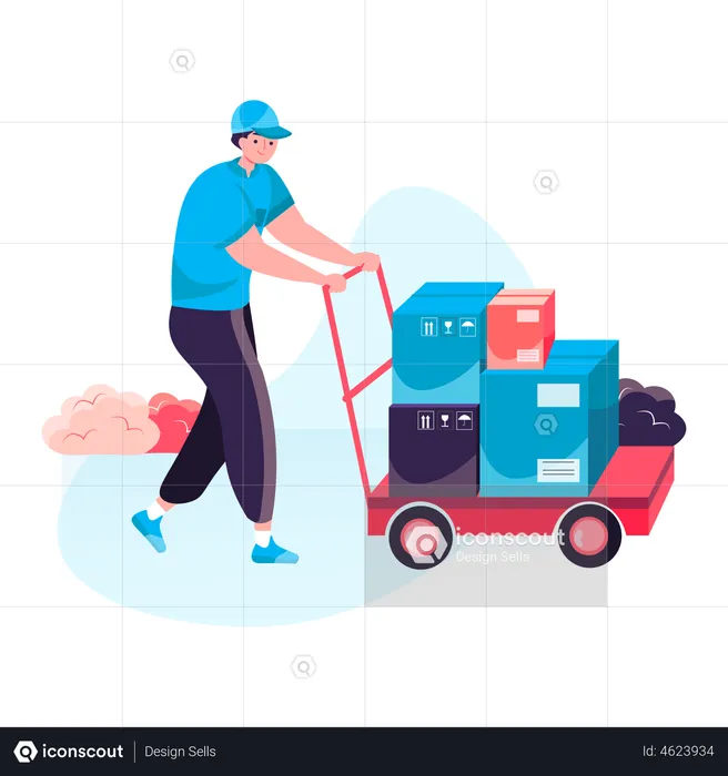 Delivery man deliver multi and heavy packages on the delivery cart  Illustration