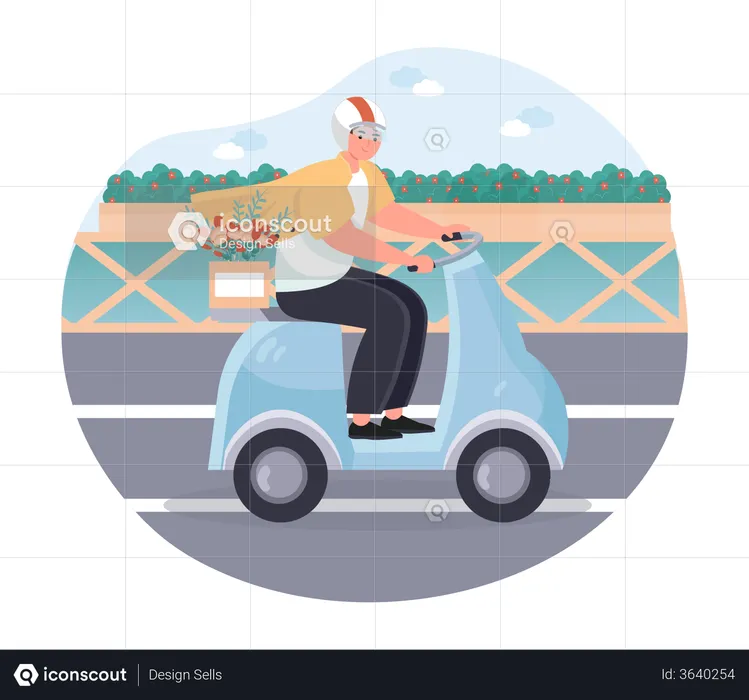 Delivery man delivering a flowers on a scooter  Illustration