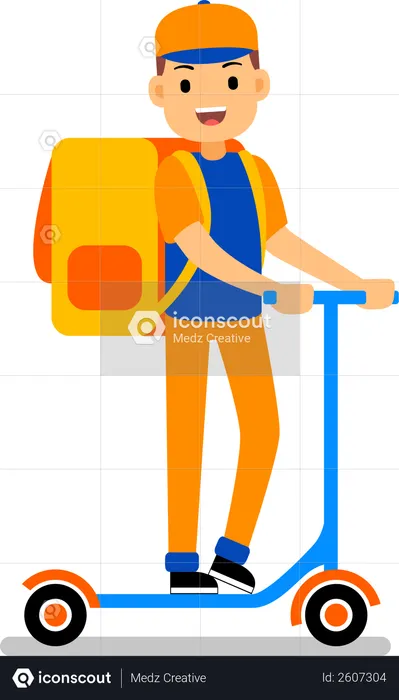 Delivery man delivering with a large backpack on his back ride a scooter  Illustration