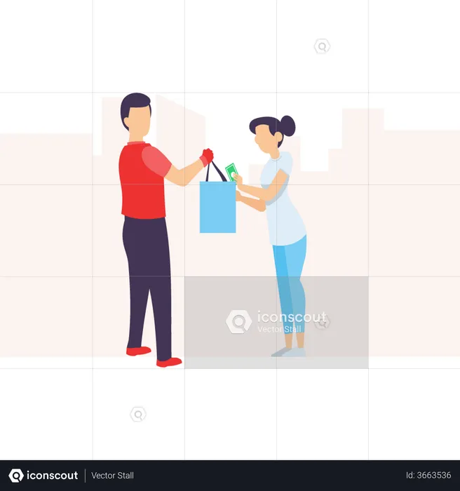 Delivery man exchanging money and giving parcel to customer  Illustration