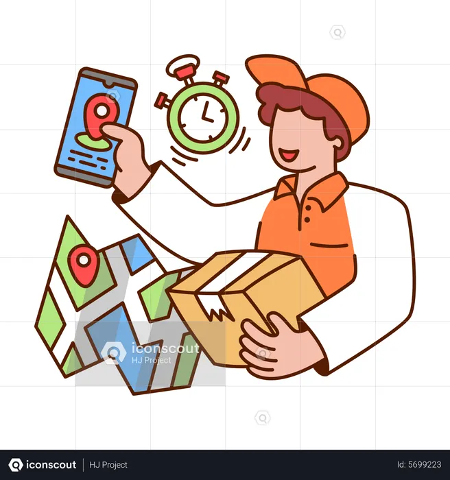 Delivery man holding package and smartphone  Illustration