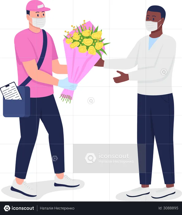 Delivery man in mask and gloves with customer  Illustration