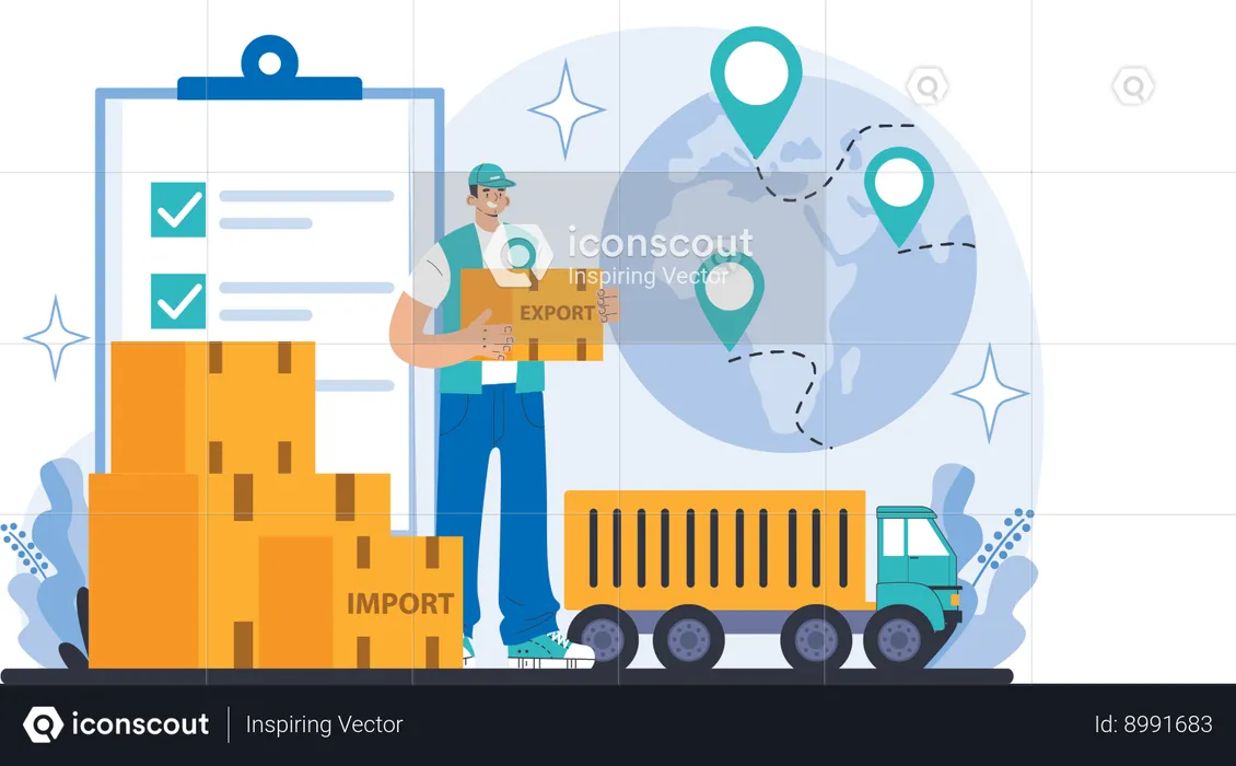 Delivery man is loading package sin truck  Illustration