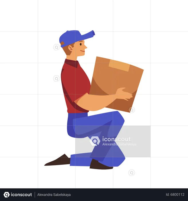 Delivery man lifts weight by properly bending his knees  Illustration