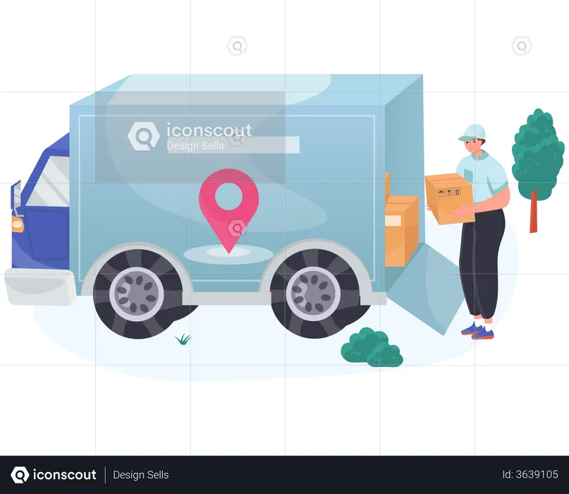 Delivery man loading parcels in truck  Illustration