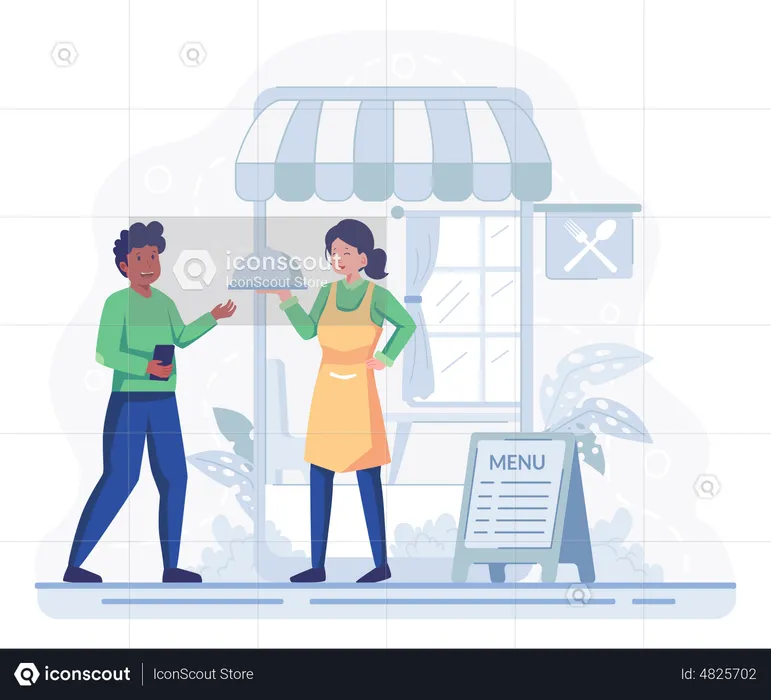 Delivery man picking up food parcel from the restaurant  Illustration