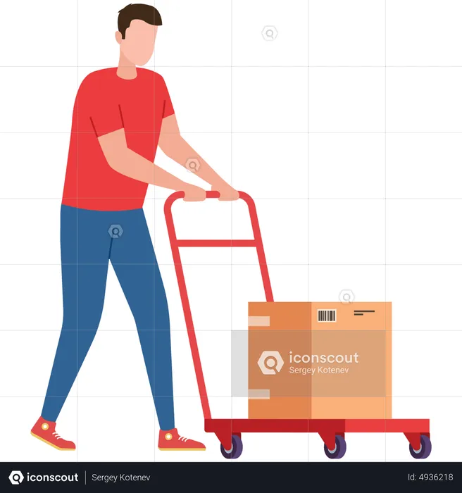 Delivery man pushing parcel trolley  Illustration