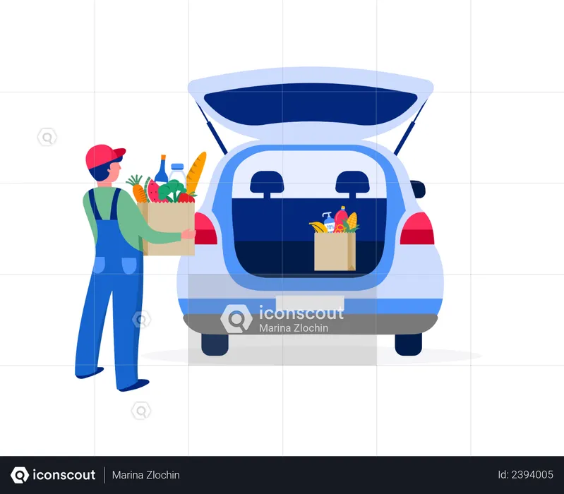Delivery man putting grocery box in car  Illustration