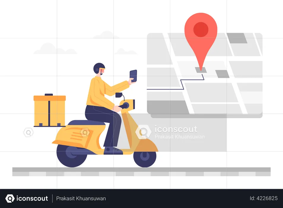 Delivery man riding motorcycle searching Delivery Location  Illustration
