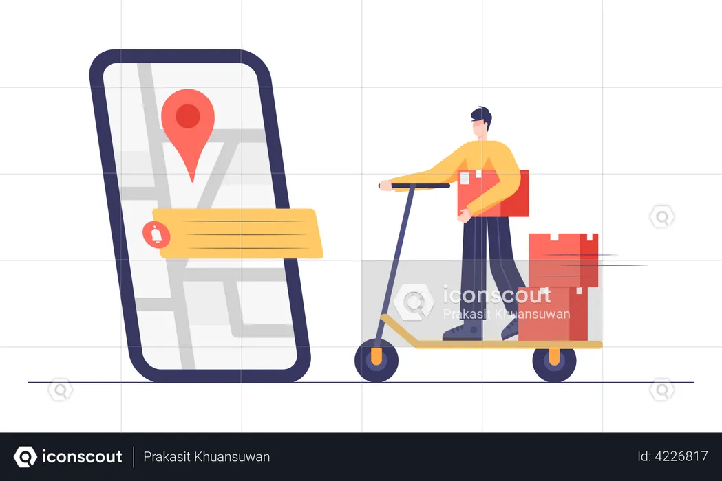 Delivery man riding scooter and searching address on application  Illustration