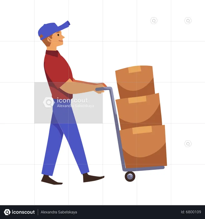 Delivery man transports boxes on trolley  Illustration