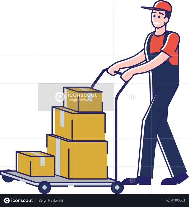 Delivery man with parcel boxes on trolley  Illustration