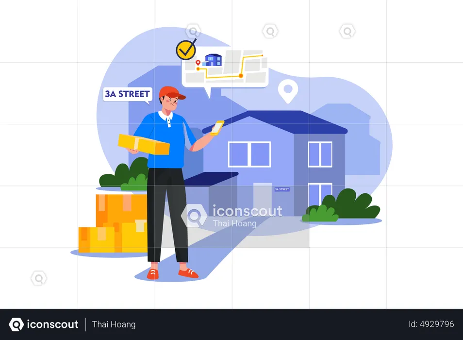 Delivery person checking delivery address location  Illustration