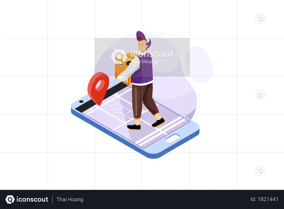 Delivery Person following address route in maps in smartphone for delivering the parcel  Illustration