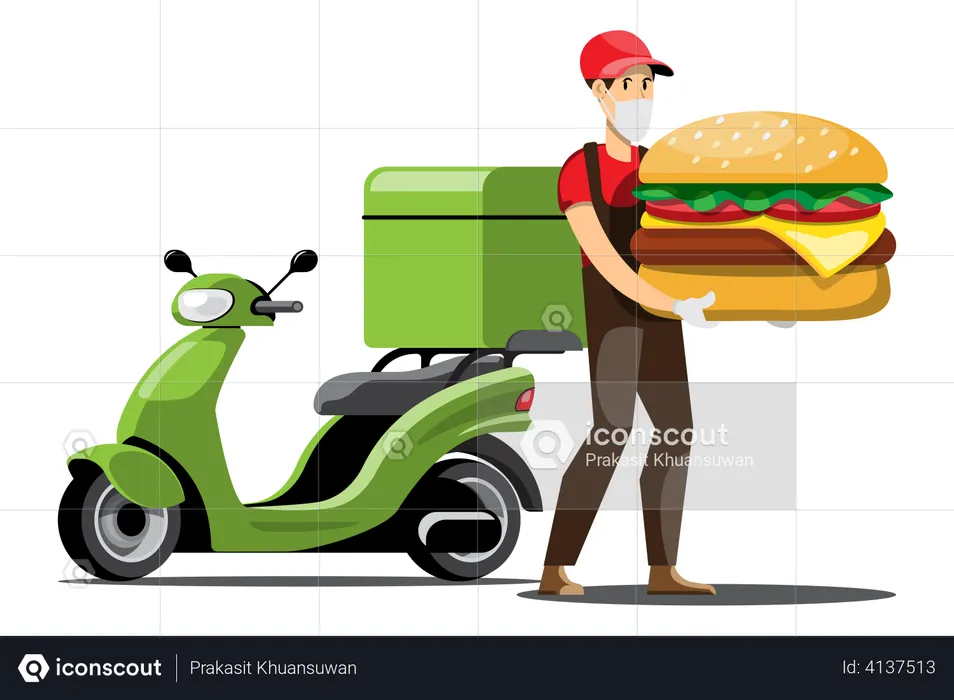 Delivery person holding burger  Illustration