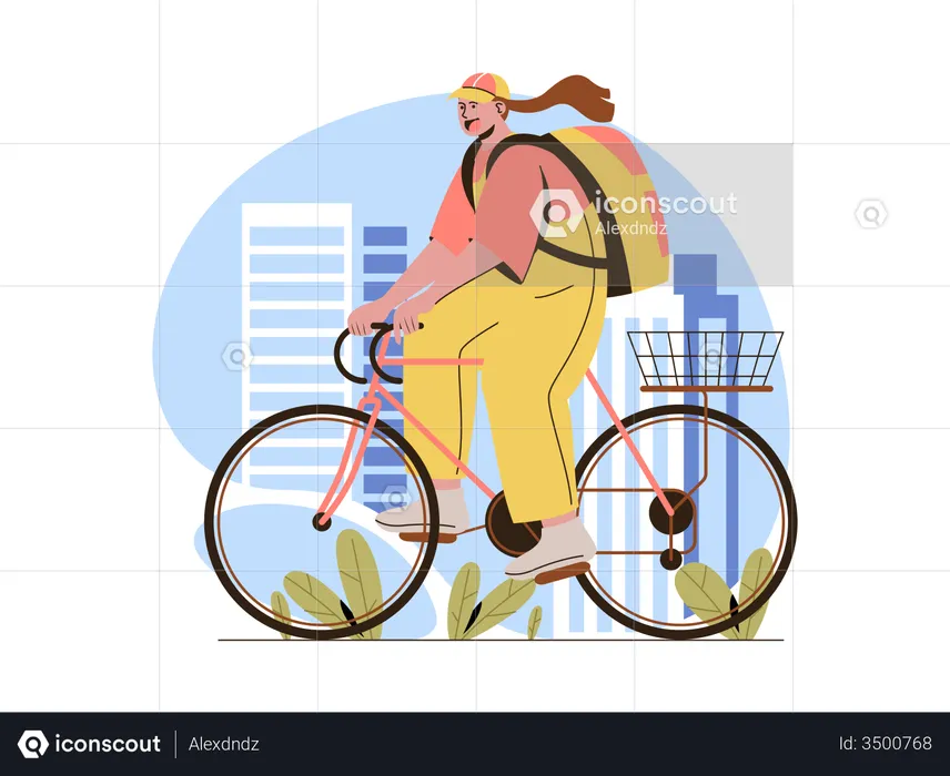 Delivery woman with parcel on bicycle  Illustration