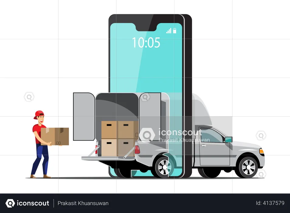 Deliveryman arranging boxes in truck  Illustration