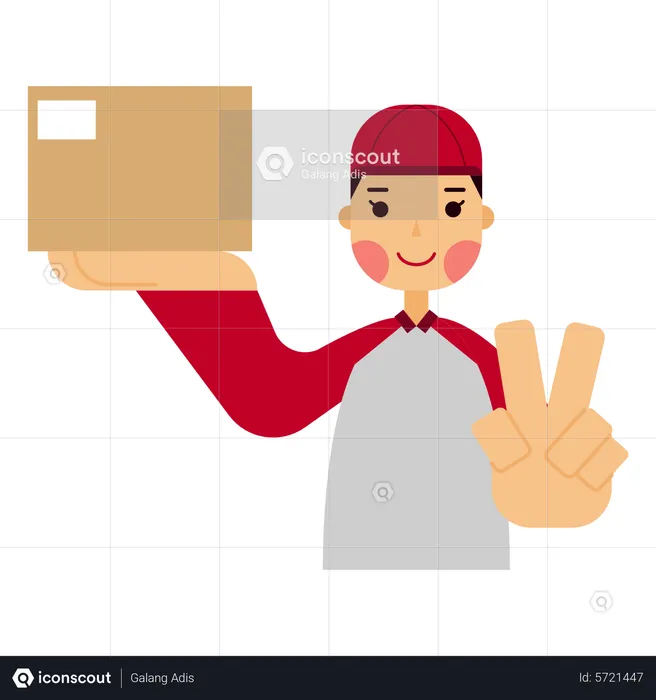 Deliveryman carrying box while showing peace sign  Illustration