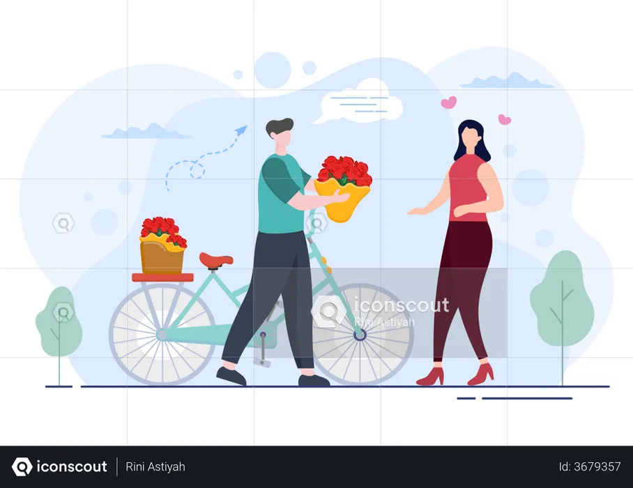 Deliveryman delivering flowers on cycle  Illustration