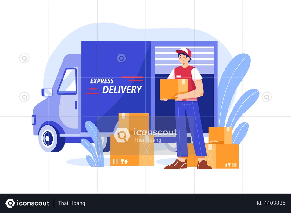 Deliveryman loading boxes in truck  Illustration