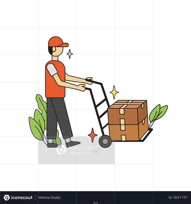 Deliveryman pushing delivery trolley  Illustration