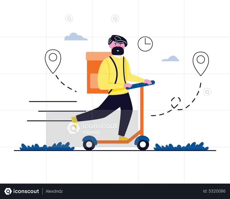 Deliveryman riding kick scooter  Illustration