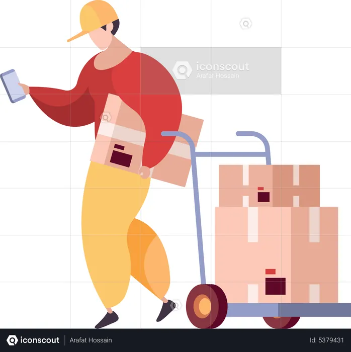 Deliveryman with parcel trolley  Illustration