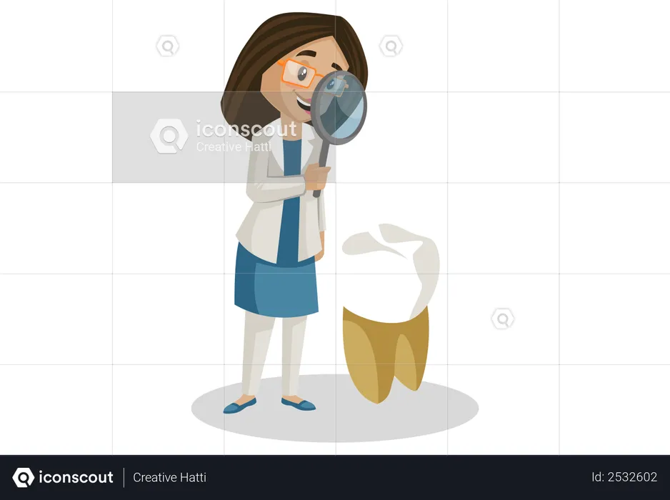 Dentist finding problem in teeth with magnifying glass  Illustration