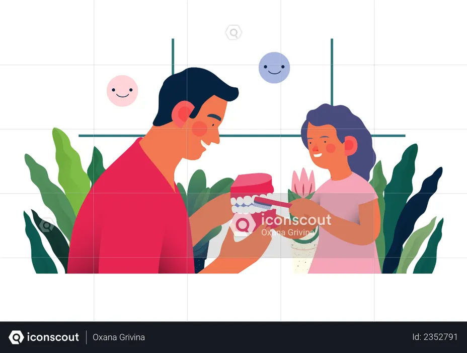 Dentist teaching a child patient to brush teeth jaw model  Illustration