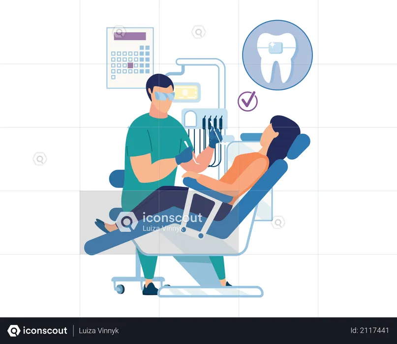 Dentist treating the patient in the dental clinic  Illustration