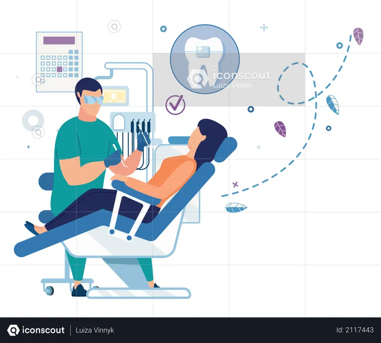 Dentist treating the patient in the dental clinic  Illustration