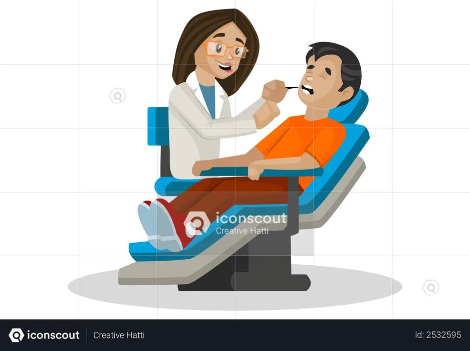Dentista feminina fazendo exame dentário do paciente  Ilustração