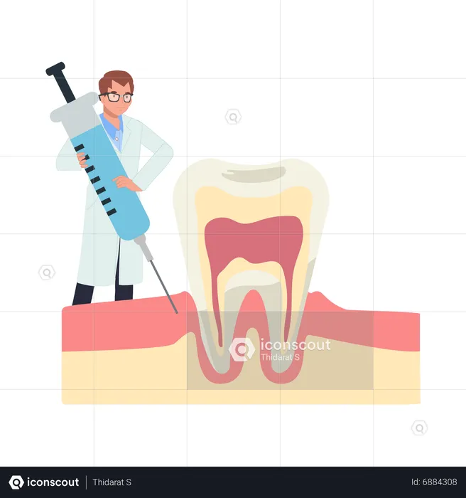 Dentista masculino dente entorpecido por injeção dentária  Ilustração