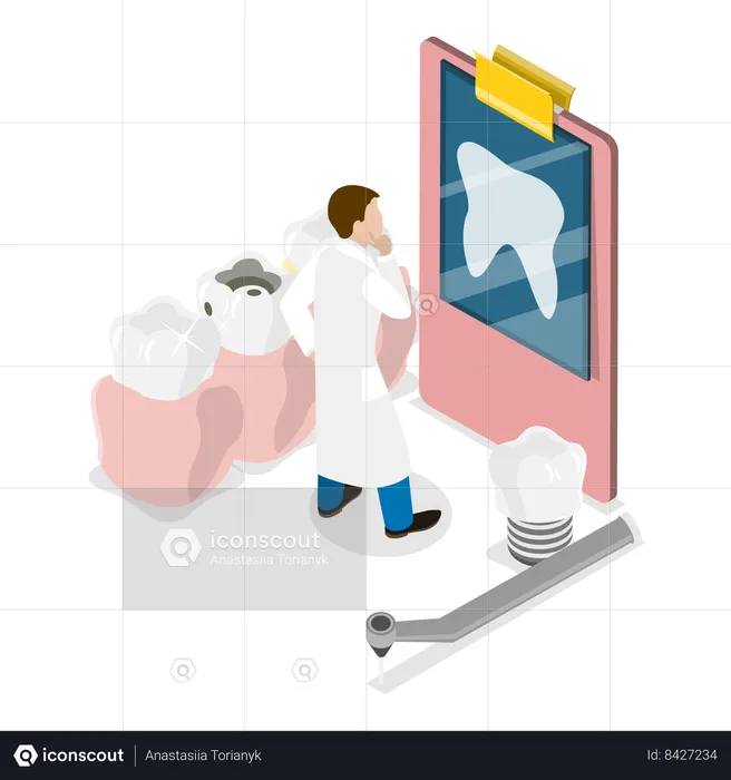 Dentista verificando radiografia do dente  Ilustração
