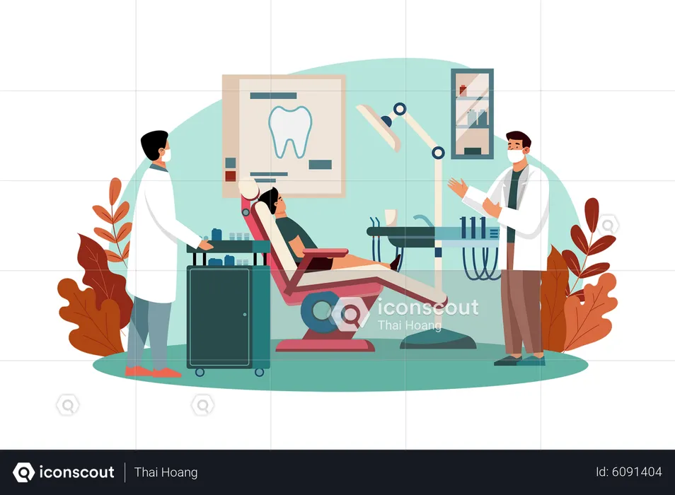 Dentistas que tratan los dientes de los pacientes en la clínica.  Ilustración