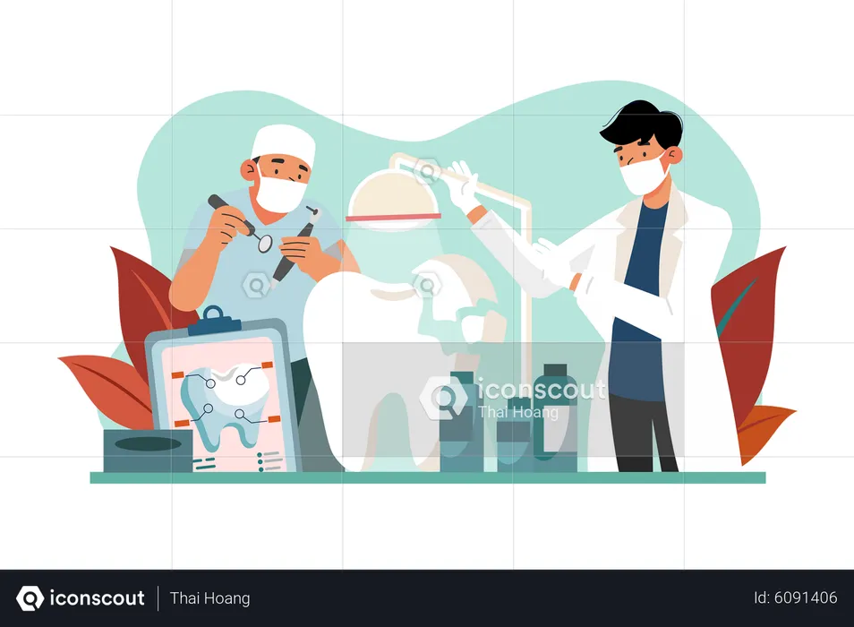 Dentists holding professional stomatology tools and fixing tooth models  Illustration
