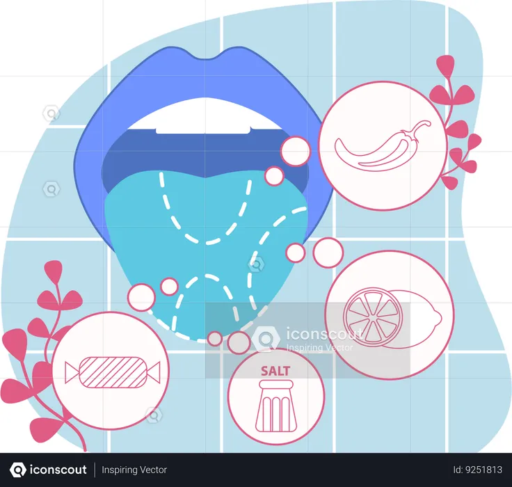 Depiction of gustatory system with symbols for sweet, sour, salty  Illustration