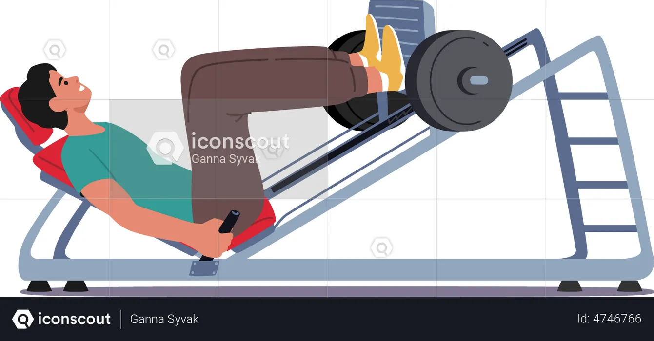 Deportista Powerlifter entrenando piernas acostadas en banco de prensa en gimnasio  Ilustración