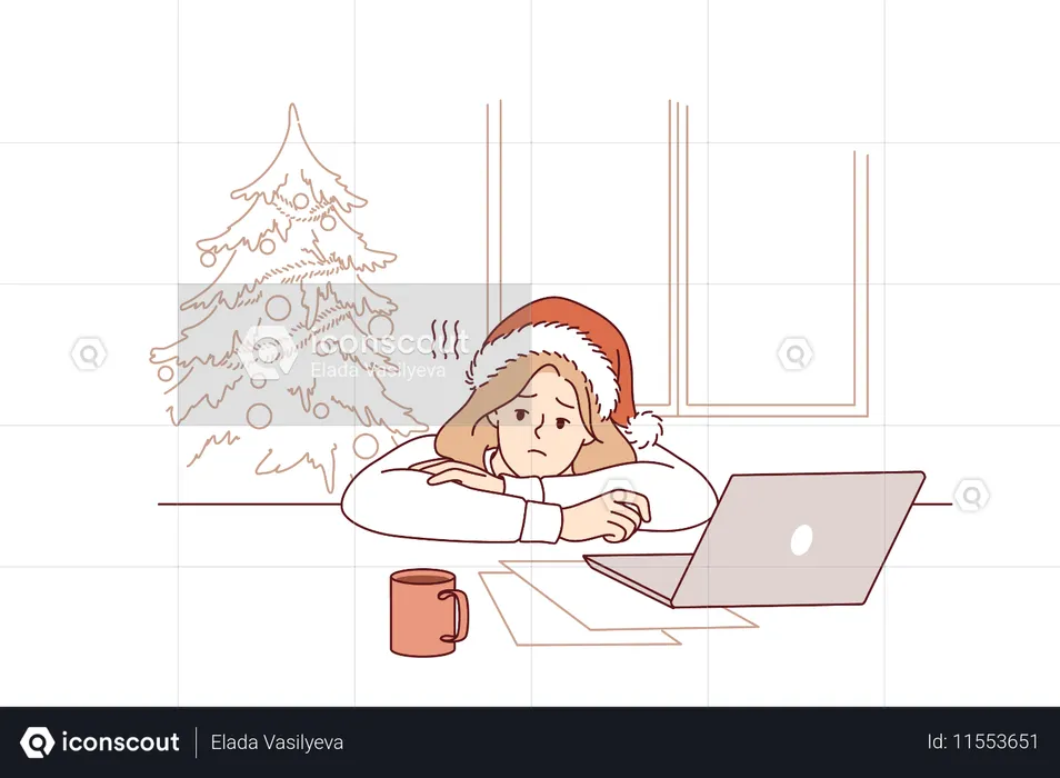 Depressão de Natal em mulher é forçada a trabalhar na véspera de ano novo  Ilustração